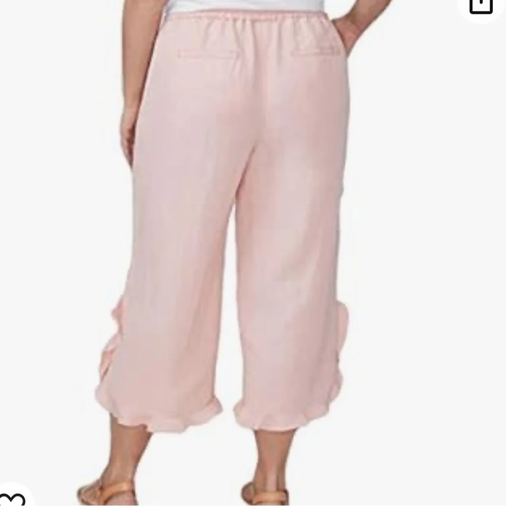 Lane Bryant Linen Ruffle-Hem Crop Peach Pants - Picture 2 of 10